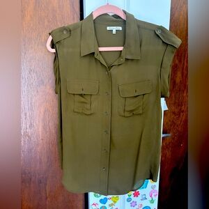 Olive Green Madewell Women's Sleeveless Silk Button-Up Top